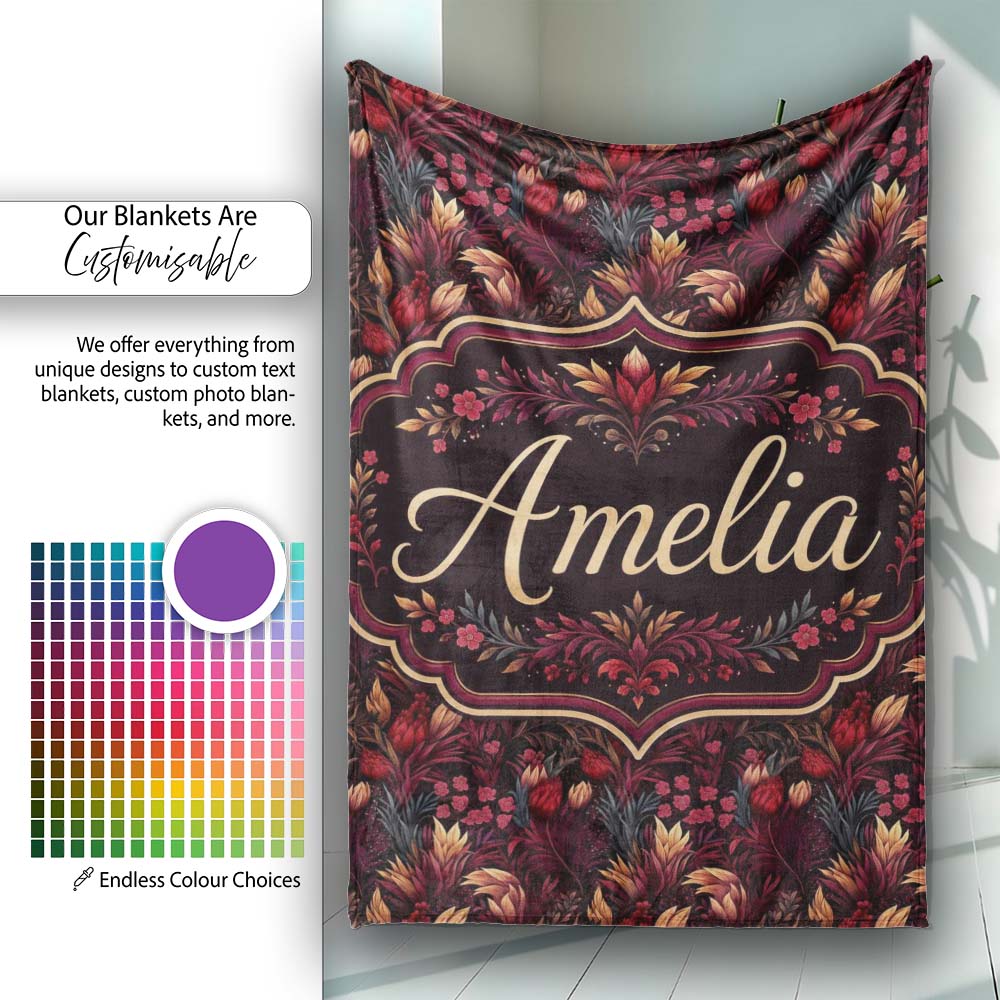 Luxury Deep Red Floral Pattern with Foliage Seamless Name Cute Personalised Custom Name Super Soft Fleece Blanket Bed Sofa Throw
