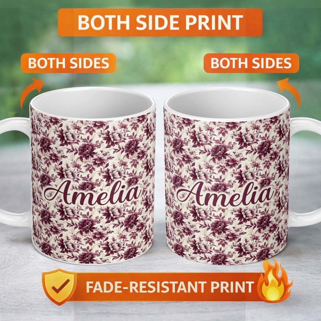 Personalized Custom Name Vintage Burgundy Peony Floral Pattern on Cream Background Seamless 11oz Ceramic Coffee Tea Mug White Large Handle