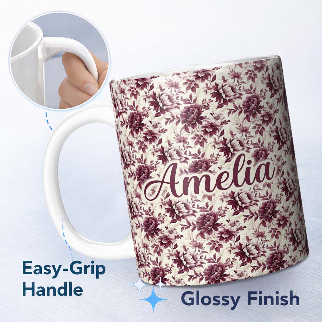 Personalized Custom Name Vintage Burgundy Peony Floral Pattern on Cream Background Seamless 11oz Ceramic Coffee Tea Mug White Large Handle