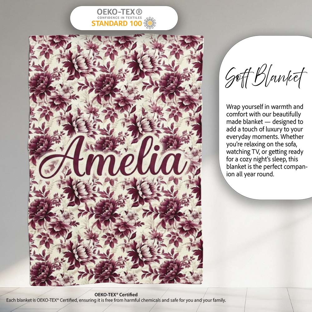 Vintage Burgundy Peony Floral Pattern on Cream Background Seamless Personalised Custom Name Super Soft Fleece Blanket Bed Sofa Throw