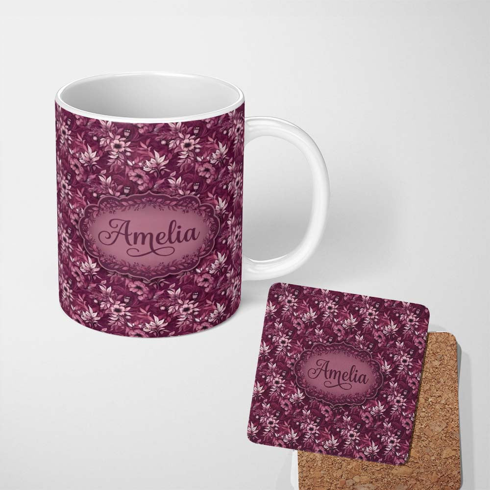 Personalized Custom Name Dark Plum Botanical Floral Pattern with Soft Pink Accents Seamless 11oz Ceramic Coffee Tea Mug White Large Handle