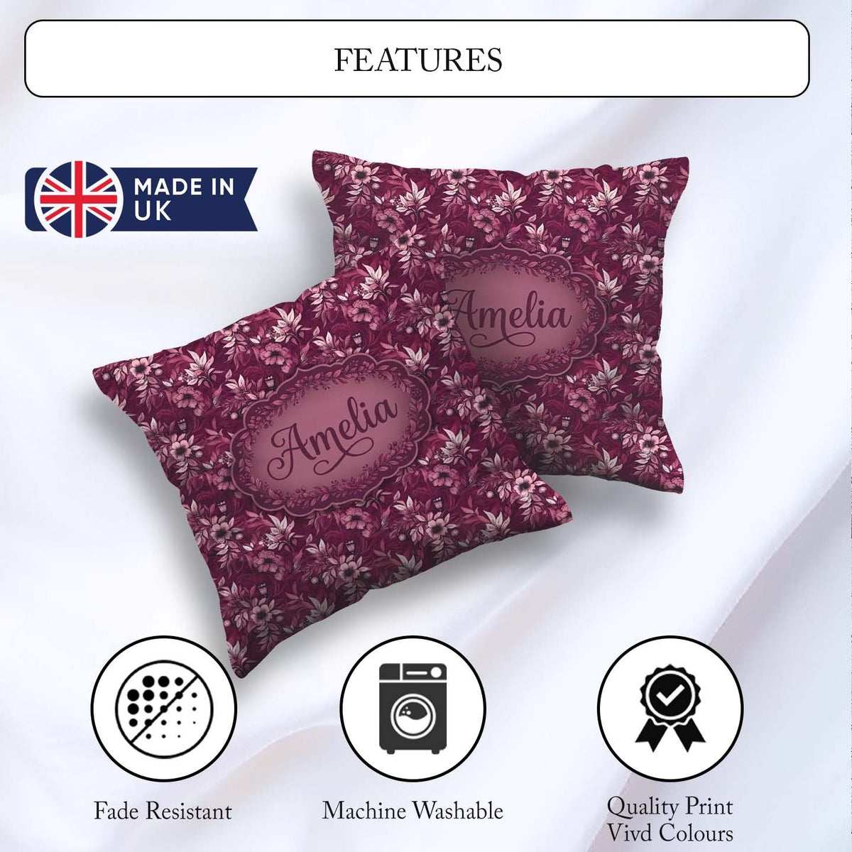 Custom Name Dark Plum Botanical Floral Pattern with Soft Accents Square Filled Cushion Throw Pillow Sofa Bed Home Decor Zip Washable UK Made