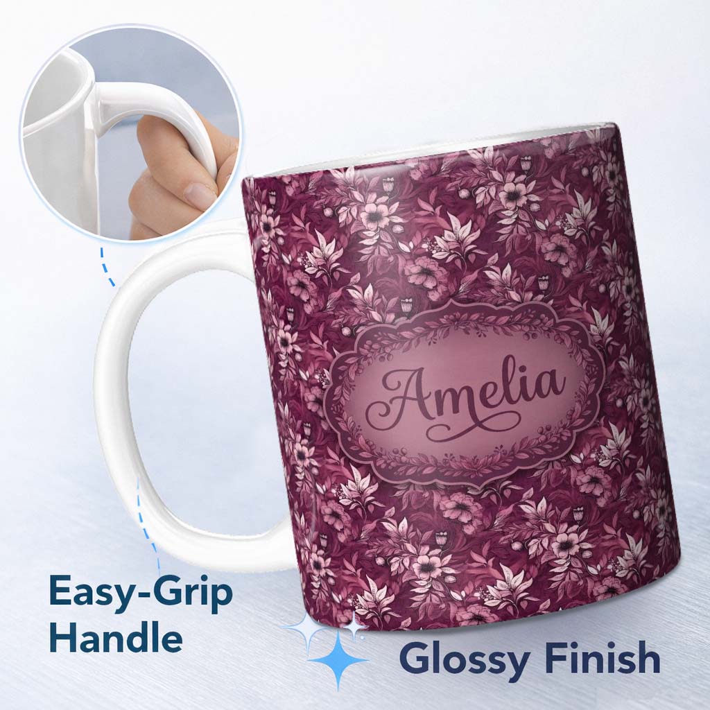 Personalized Custom Name Dark Plum Botanical Floral Pattern with Soft Pink Accents Seamless 11oz Ceramic Coffee Tea Mug White Large Handle