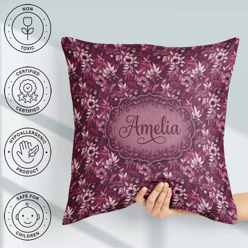 Custom Name Dark Plum Botanical Floral Pattern with Soft Accents Square Filled Cushion Throw Pillow Sofa Bed Home Decor Zip Washable UK Made