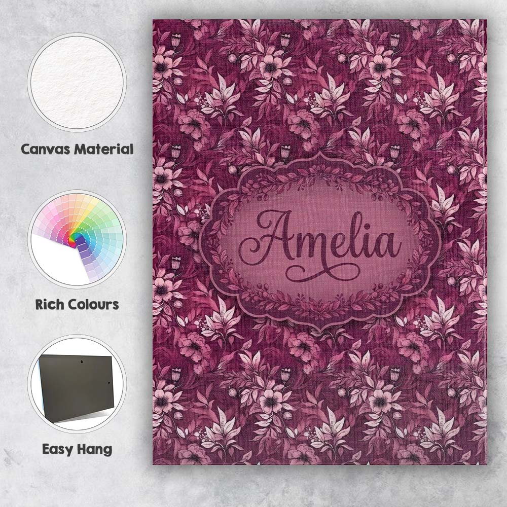 Personalised Name Dark Plum Botanical Custom Modern Room Accent Creative Decorator Style Canvas Wall Art Print Decor Picture Ready to Hang