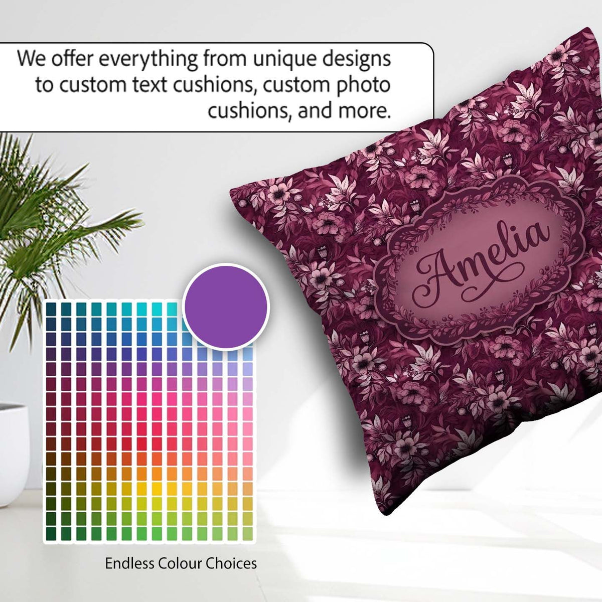 Custom Name Dark Plum Botanical Floral Pattern with Soft Accents Square Filled Cushion Throw Pillow Sofa Bed Home Decor Zip Washable UK Made