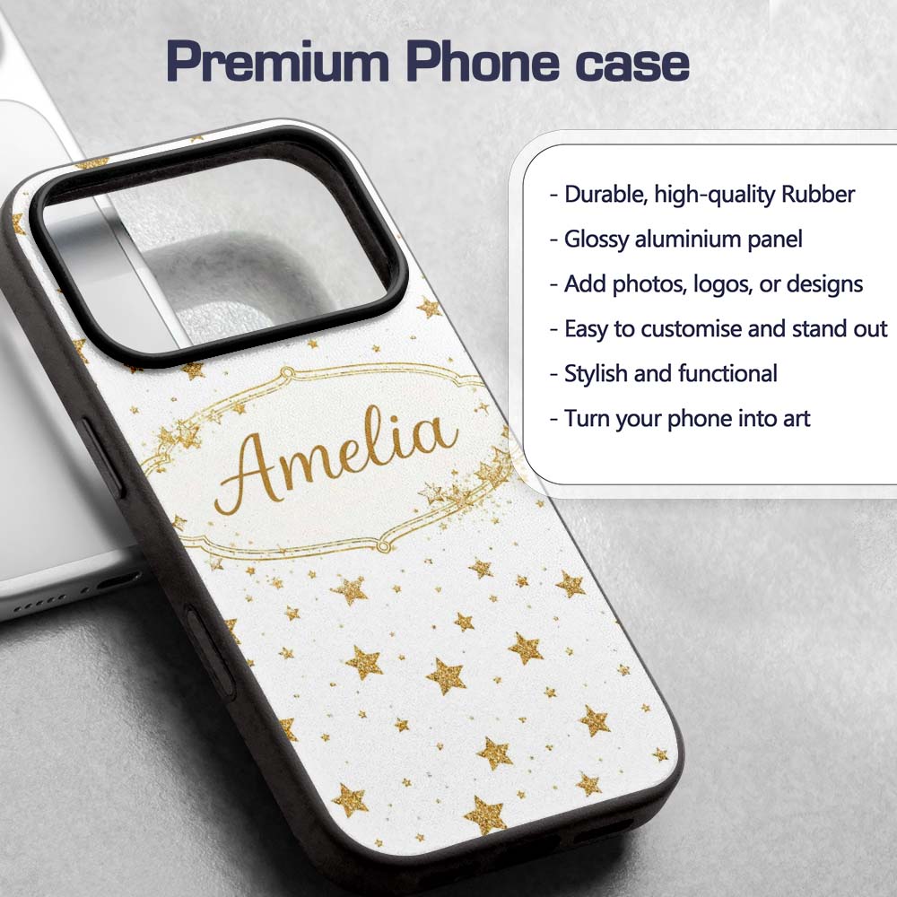 Gold Glitter Stars on White Seamless Pattern Custom Name Protective Phone Case Mobile Cover Durable Everyday Smartphone Shock Resistant