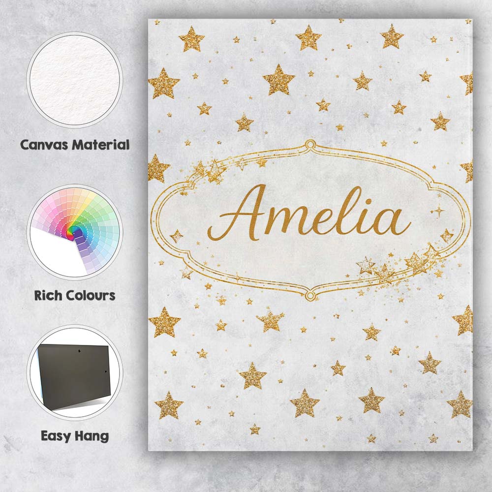 Personalised Name Gold Glitter Stars on White Seamless Pattern Custom Modern Room Accent Canvas Wall Art Print Decor Picture Ready to Hang