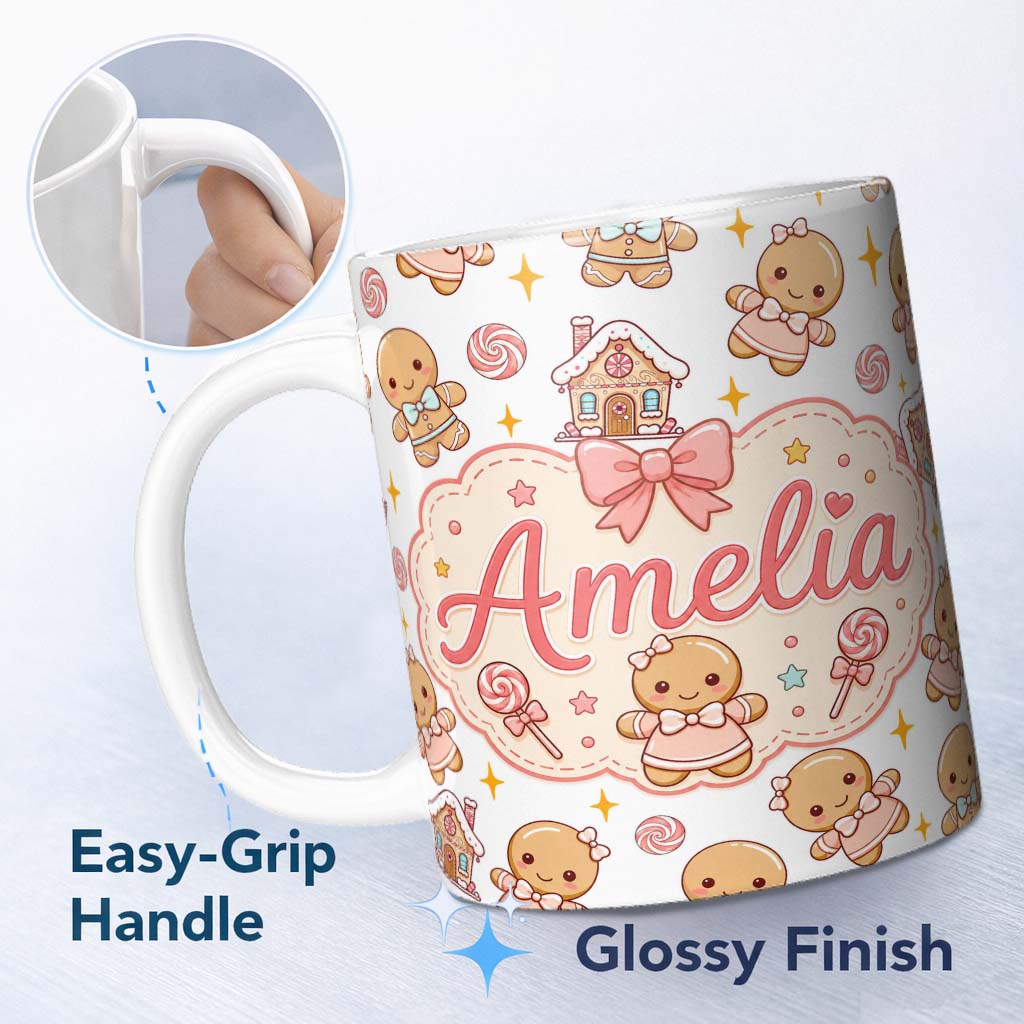 Personalized Custom Name Cute Christmas Gingerbread Characters Candy House White Star Lovely 11oz Ceramic Coffee Tea Mug White Large Handle