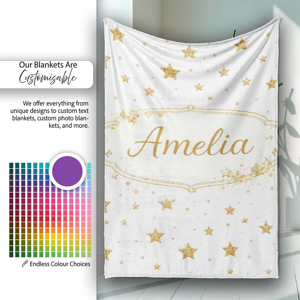 Gold Glitter Stars on White Seamless Pattern Stylish Everyday Personalised Custom Name Super Soft Fleece Blanket Bed Sofa Throw