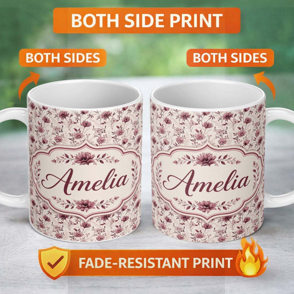 Personalized Custom Name Delicate Mauve Wildflower Botanical Pattern Light Background 11oz Ceramic Coffee Tea Mug White Large Handle