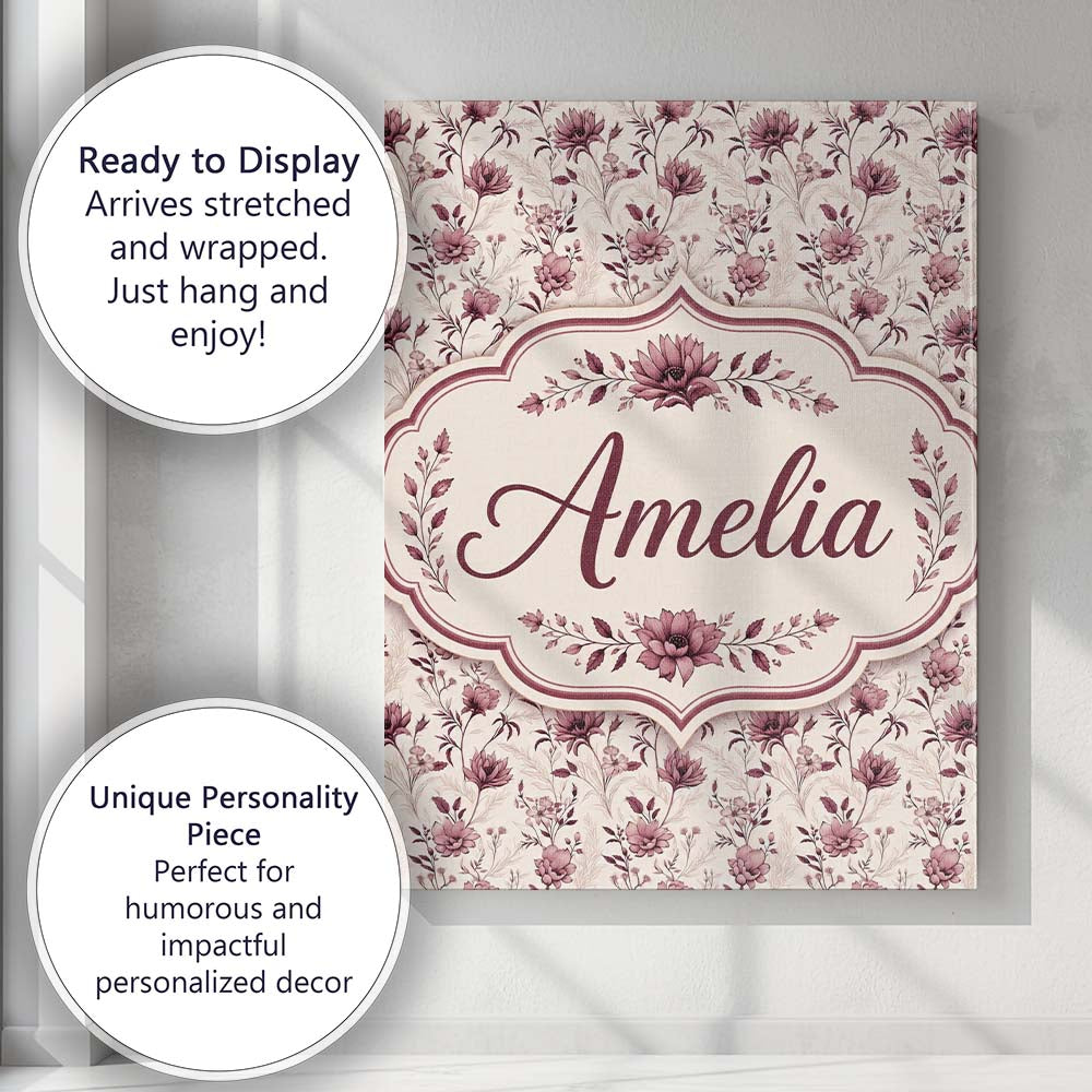Personalised Name Delicate Mauve Wildflower Custom Bespoke Interior Contemporary Canvas Wall Art Print Decor Picture Ready to Hang