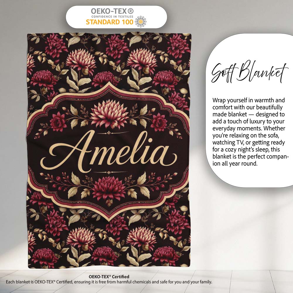 Rich Burgundy Dahlia Floral Pattern with Beige Leaves Seamless Name Personalised Custom Name Super Soft Fleece Blanket Bed Sofa Throw