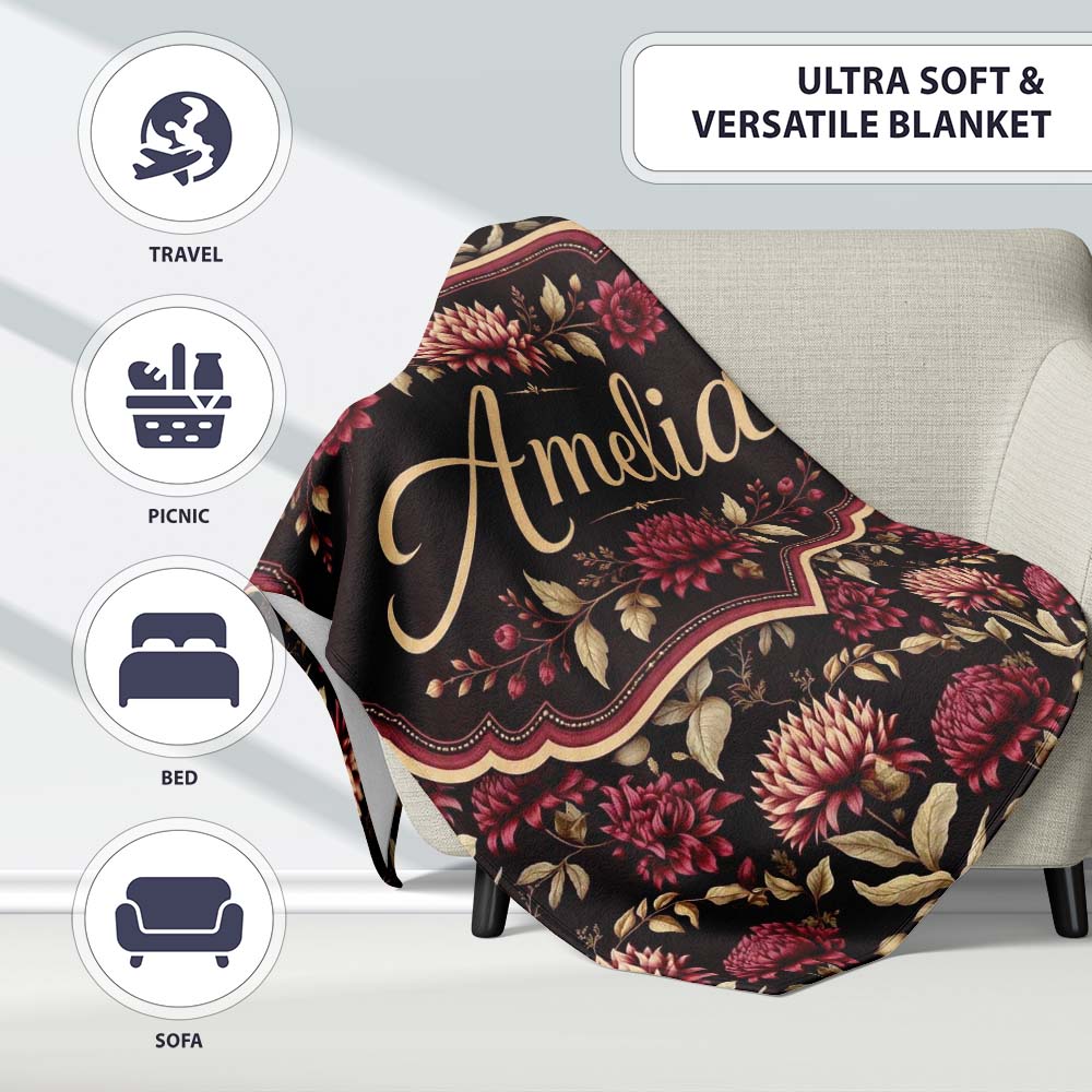 Rich Burgundy Dahlia Floral Pattern with Beige Leaves Seamless Name Personalised Custom Name Super Soft Fleece Blanket Bed Sofa Throw