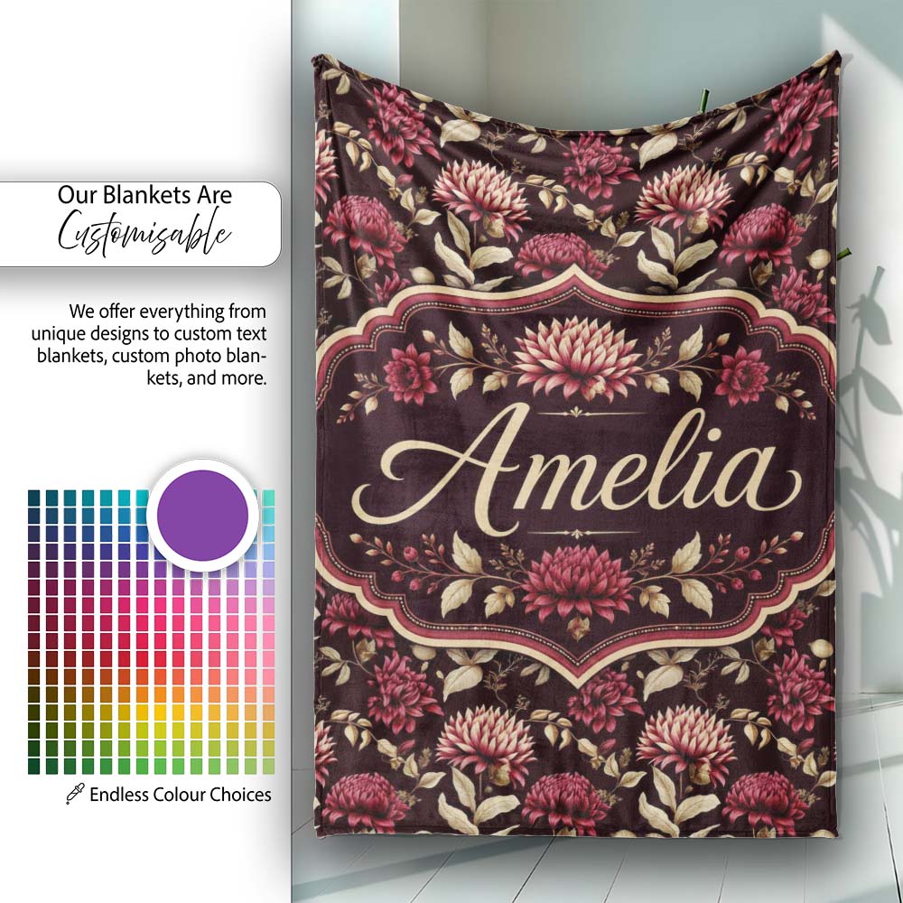 Rich Burgundy Dahlia Floral Pattern with Beige Leaves Seamless Name Personalised Custom Name Super Soft Fleece Blanket Bed Sofa Throw