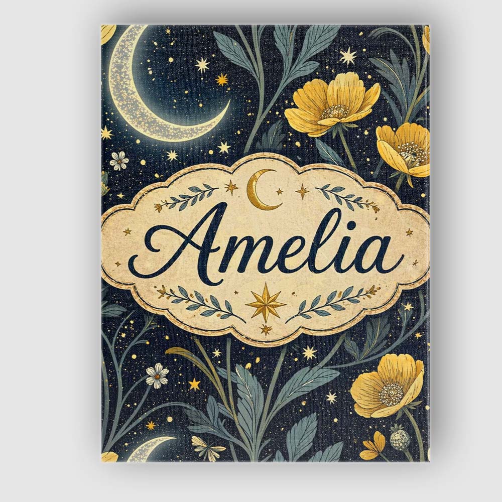 Personalised Name Golden Floral Crescent Moon Night Garden Seamless Custom Canvas Wall Art Print Decor Picture Ready to Hang