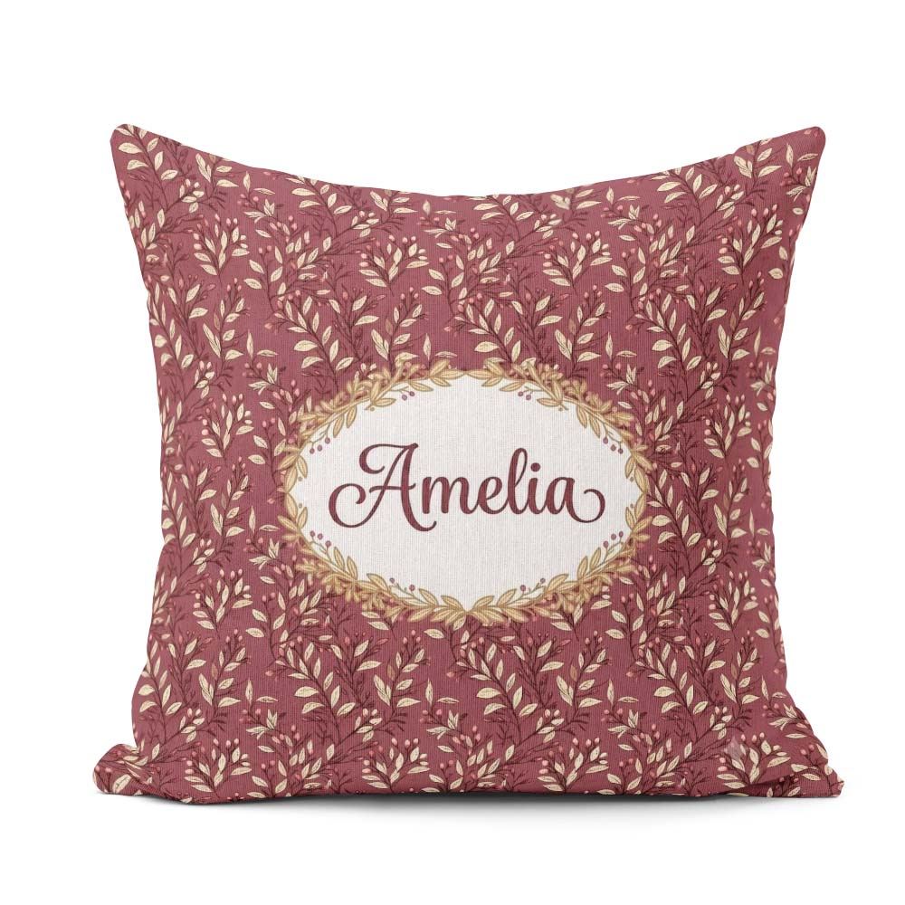 Custom Name Elegant Burgundy Leaf Pattern on Deep Red Background Square Filled Cushion Throw Pillow Sofa Bed Home Decor Zip Washable UK Made
