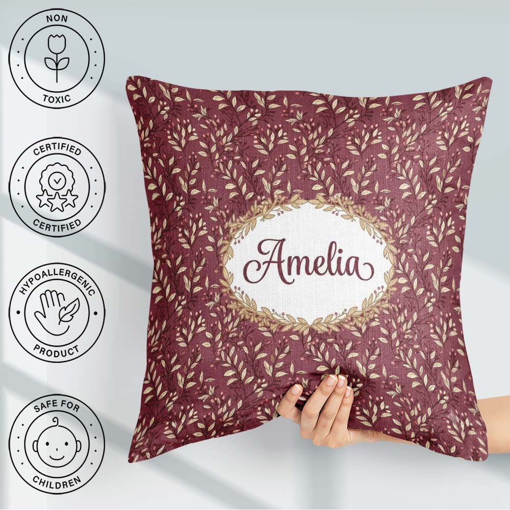 Custom Name Elegant Burgundy Leaf Pattern on Deep Red Background Square Filled Cushion Throw Pillow Sofa Bed Home Decor Zip Washable UK Made