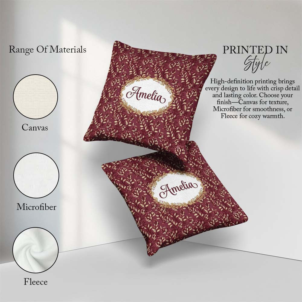 Custom Name Elegant Burgundy Leaf Pattern on Deep Red Background Square Filled Cushion Throw Pillow Sofa Bed Home Decor Zip Washable UK Made