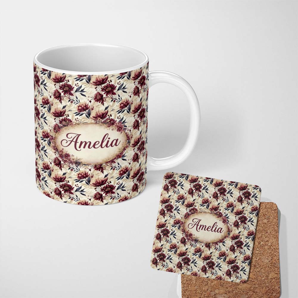 Personalized Custom Name Soft Beige and Burgundy Floral Garden Pattern Seamless Name Cute 11oz Ceramic Coffee Tea Mug White Large Handle