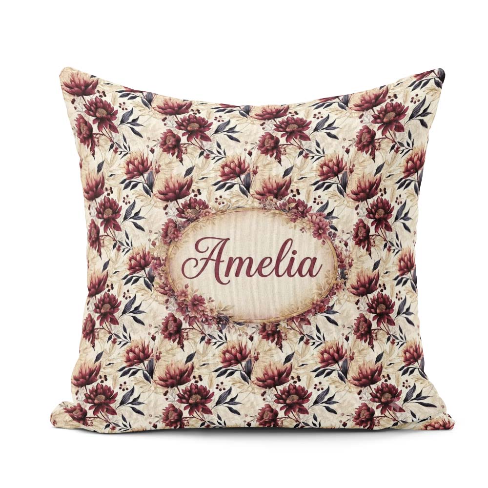 Custom Name Soft Beige and Burgundy Floral Pattern Seamless Name Square Filled Cushion Throw Pillow Sofa Bed Home Decor Zip Washable UK Made