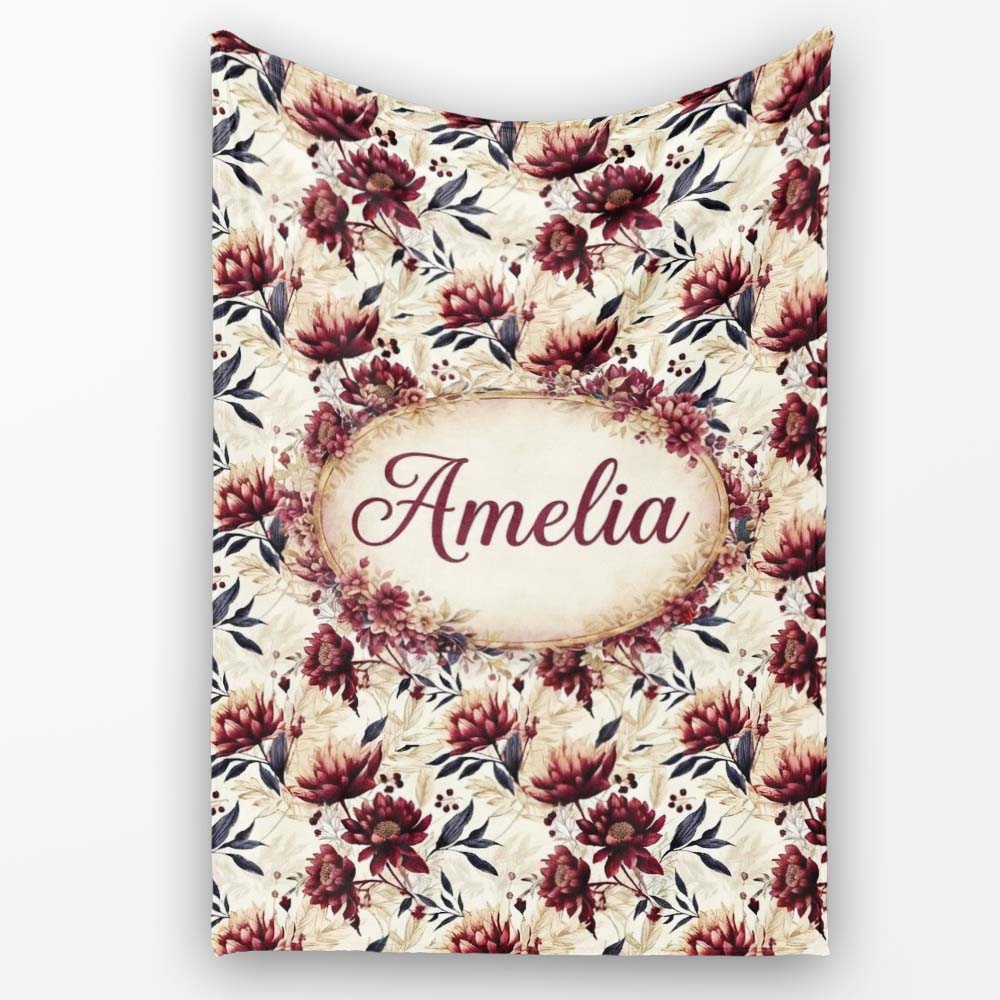 Soft Beige and Burgundy Floral Garden Pattern Seamless Name Cute Personalised Custom Name Super Soft Fleece Blanket Bed Sofa Throw