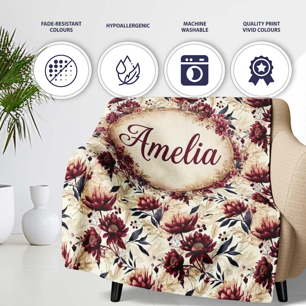 Soft Beige and Burgundy Floral Garden Pattern Seamless Name Cute Personalised Custom Name Super Soft Fleece Blanket Bed Sofa Throw
