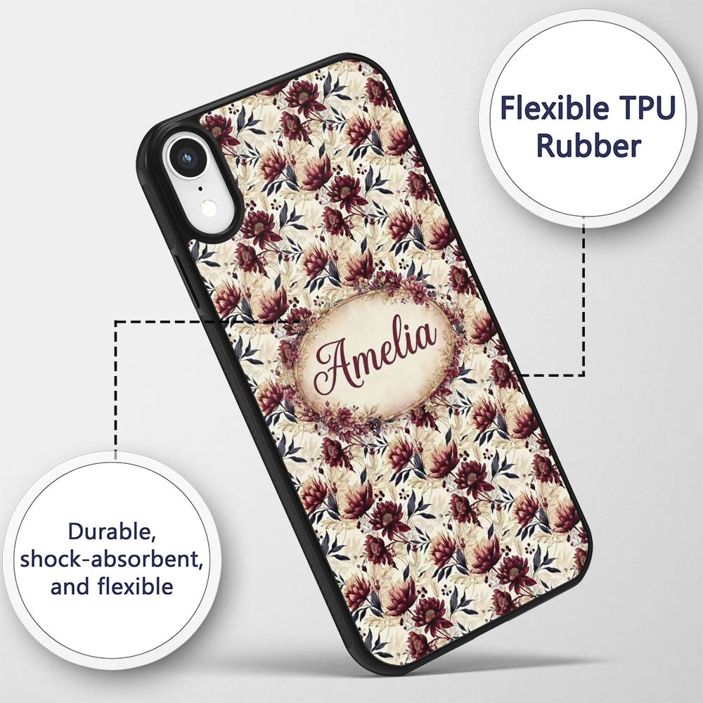 Soft Beige and Burgundy Floral Garden Pattern Custom Name Protective Phone Case Mobile Cover Durable Everyday Smartphone Shock Resistant