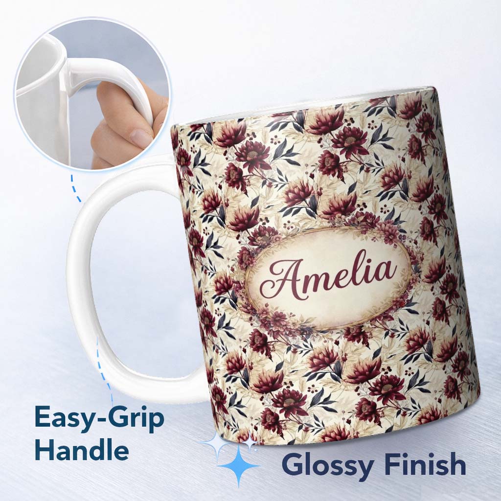 Personalized Custom Name Soft Beige and Burgundy Floral Garden Pattern Seamless Name Cute 11oz Ceramic Coffee Tea Mug White Large Handle