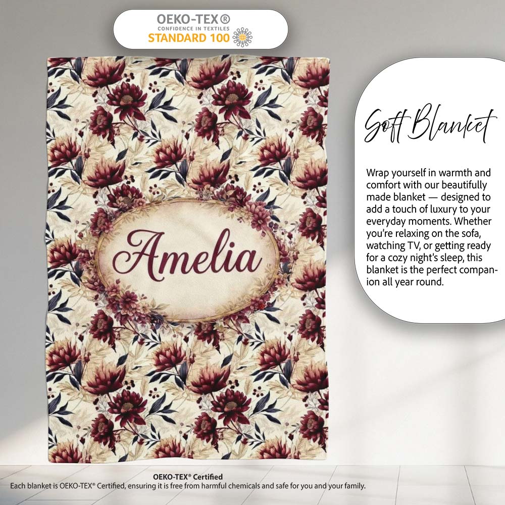 Soft Beige and Burgundy Floral Garden Pattern Seamless Name Cute Personalised Custom Name Super Soft Fleece Blanket Bed Sofa Throw