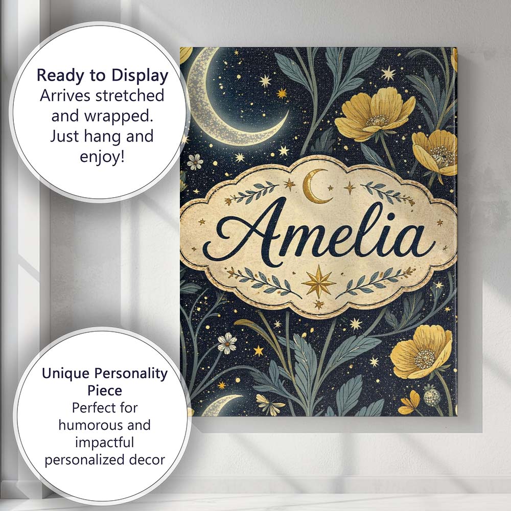 Personalised Name Golden Floral Crescent Moon Night Garden Seamless Custom Canvas Wall Art Print Decor Picture Ready to Hang