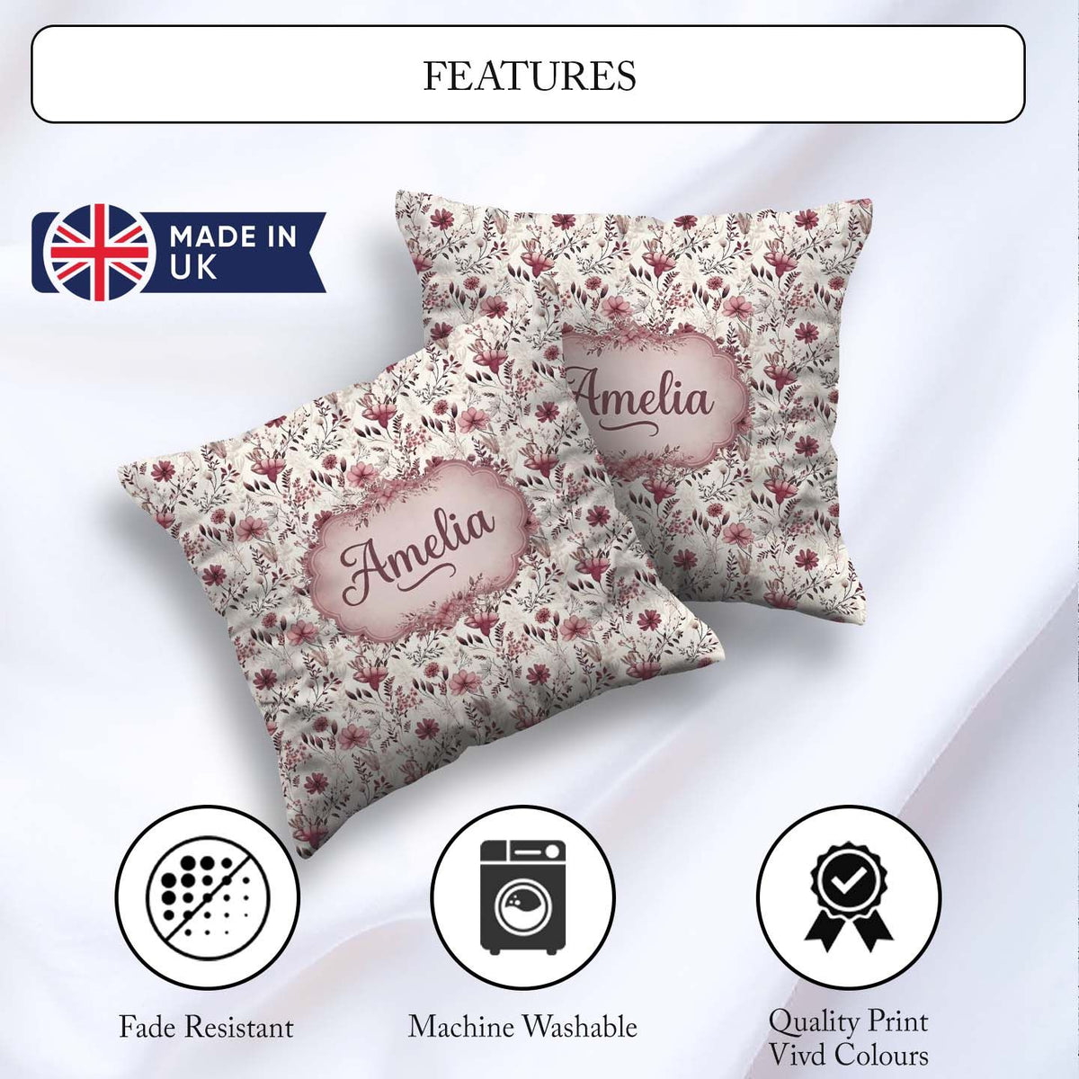 Custom Name Autumn Botanical Floral Pattern in and Neutral Tones Square Filled Cushion Throw Pillow Sofa Bed Home Decor Zip Washable UK Made