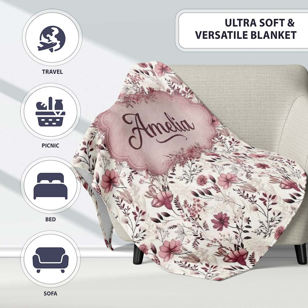 Autumn Botanical Floral Pattern in Burgundy and Neutral Tones Personalised Custom Name Super Soft Fleece Blanket Bed Sofa Throw