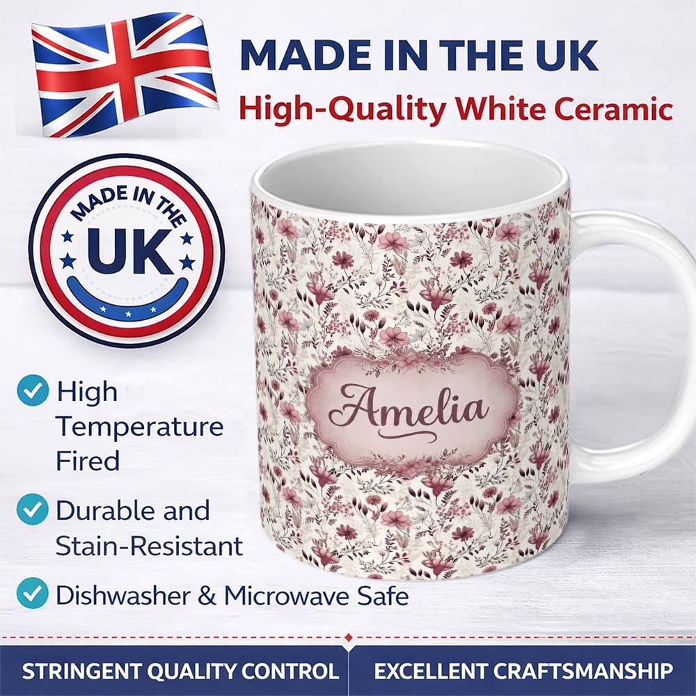 Personalized Custom Name Autumn Botanical Floral Pattern in Burgundy and Neutral Tones 11oz Ceramic Coffee Tea Mug White Large Handle