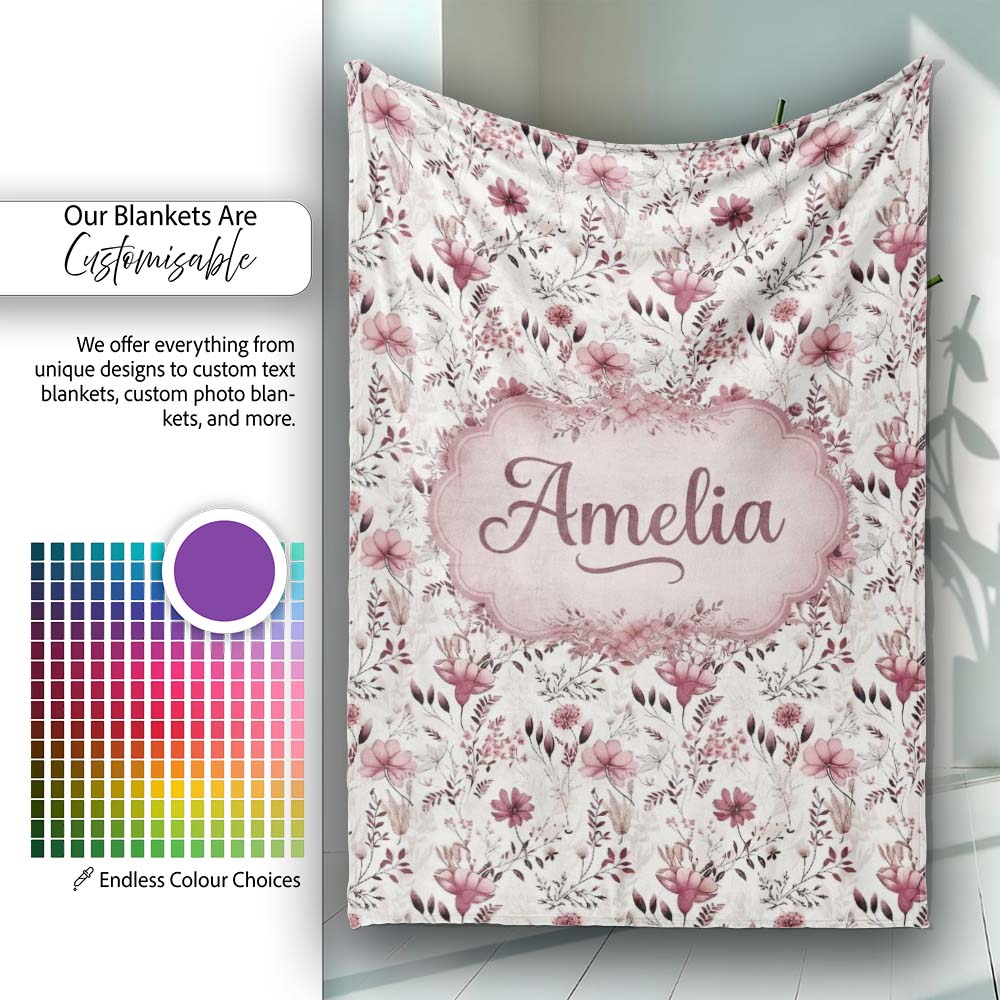 Autumn Botanical Floral Pattern in Burgundy and Neutral Tones Personalised Custom Name Super Soft Fleece Blanket Bed Sofa Throw