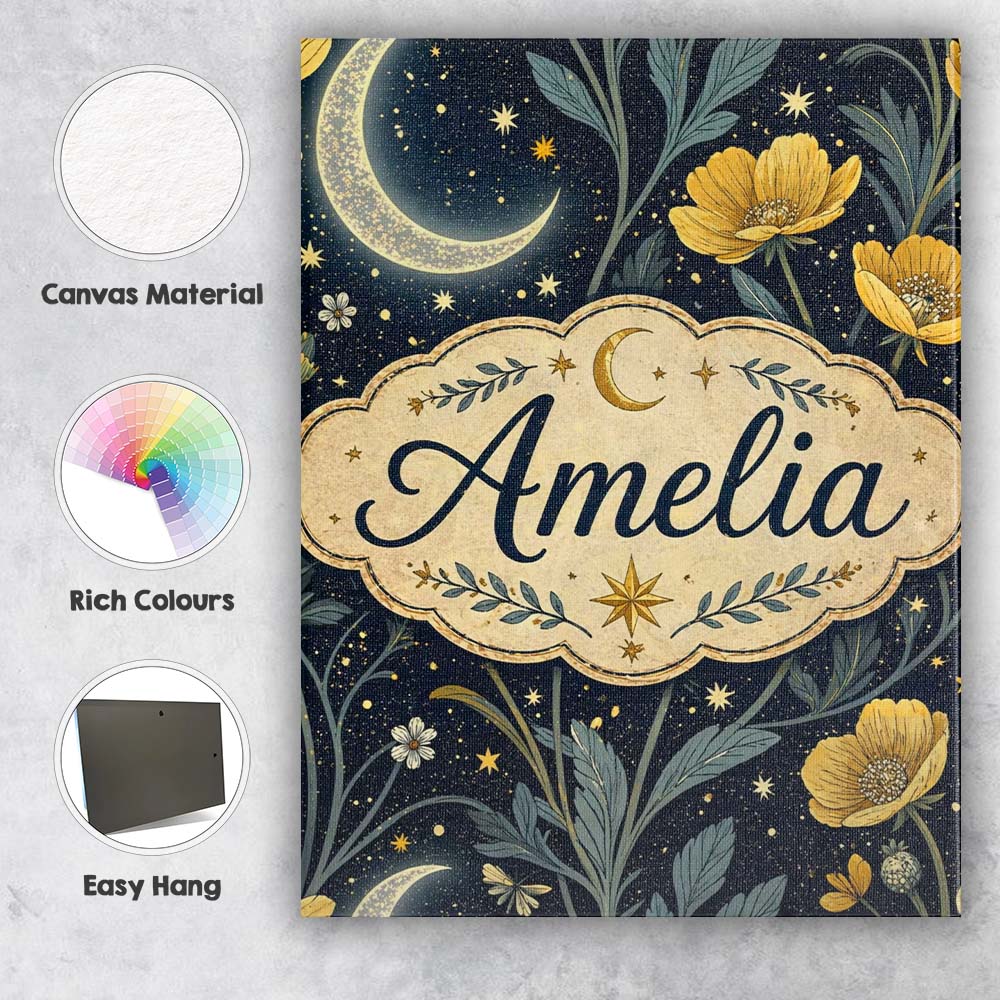 Personalised Name Golden Floral Crescent Moon Night Garden Seamless Custom Canvas Wall Art Print Decor Picture Ready to Hang
