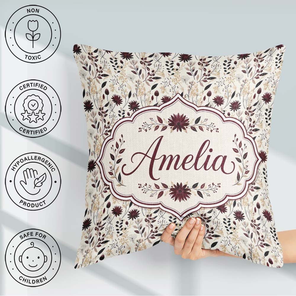 Custom Name Neutral Wildflower Pattern Burgundy Accents Seamless Square Filled Cushion Throw Pillow Sofa Bed Home Decor Zip Washable UK Made