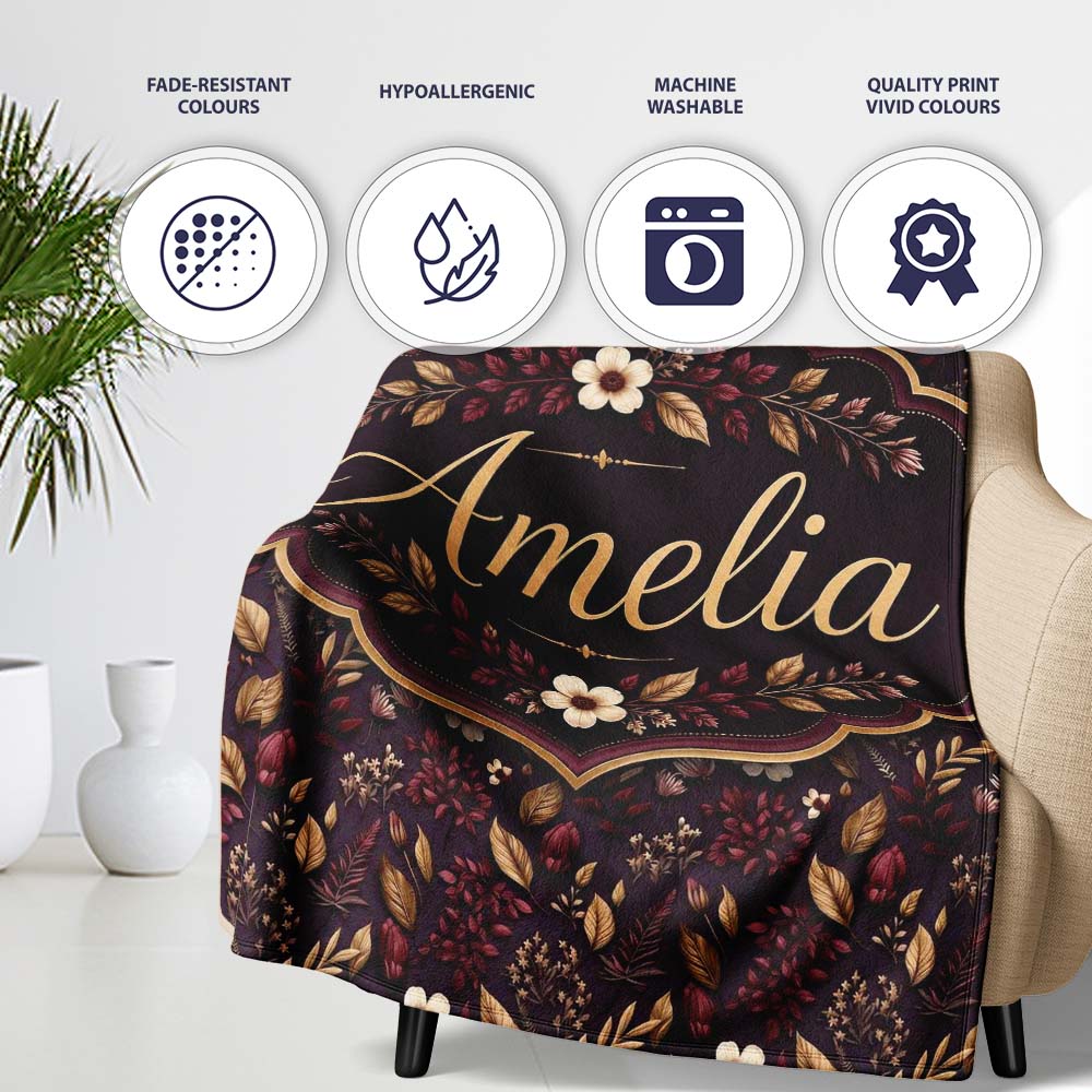 Dark Burgundy and Gold Botanical Leaves Floral Seamless Pattern Personalised Custom Name Super Soft Fleece Blanket Bed Sofa Throw