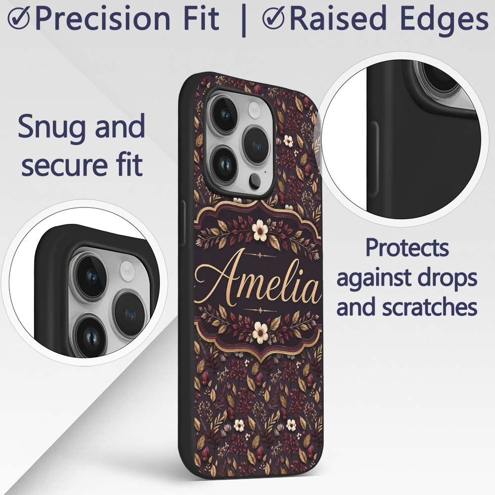 Dark Burgundy and Gold Botanical Leaves Floral Custom Name Protective Phone Case Mobile Cover Durable Everyday Smartphone Shock Resistant