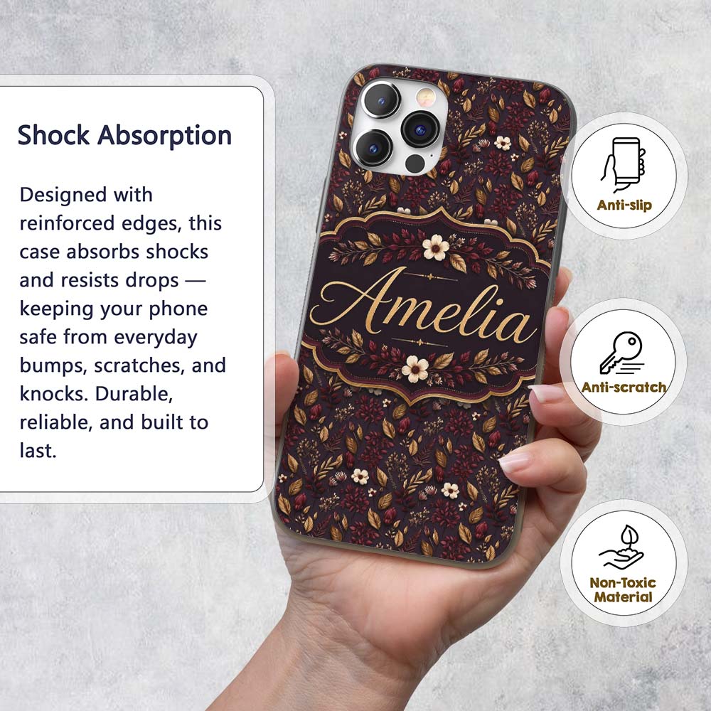Dark Burgundy and Gold Botanical Leaves Floral Custom Name Protective Phone Case Mobile Cover Durable Everyday Smartphone Shock Resistant