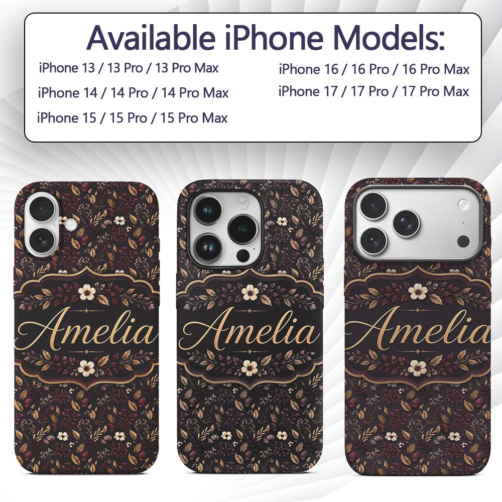 Dark Burgundy and Gold Botanical Leaves Floral Custom Name Protective Phone Case Mobile Cover Durable Everyday Smartphone Shock Resistant