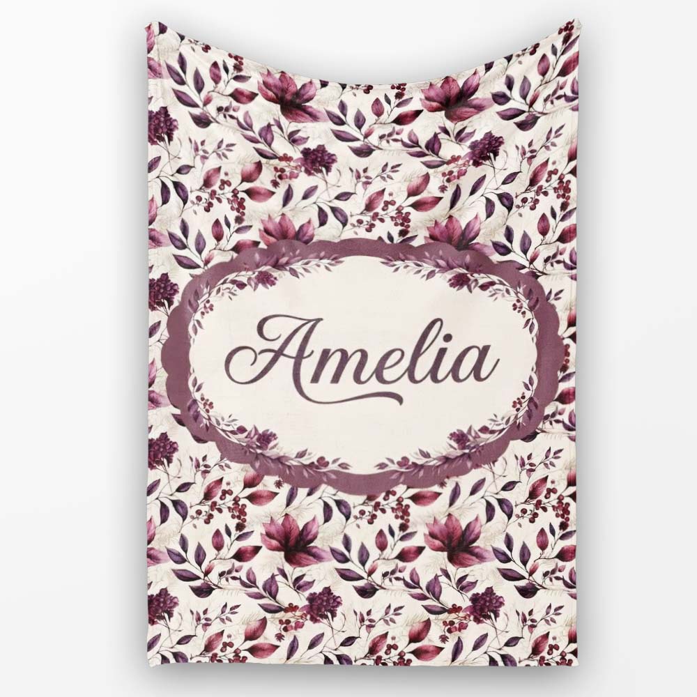 Elegant Plum Floral Branches with Berries on Cream Seamless Pattern Personalised Custom Name Super Soft Fleece Blanket Bed Sofa Throw