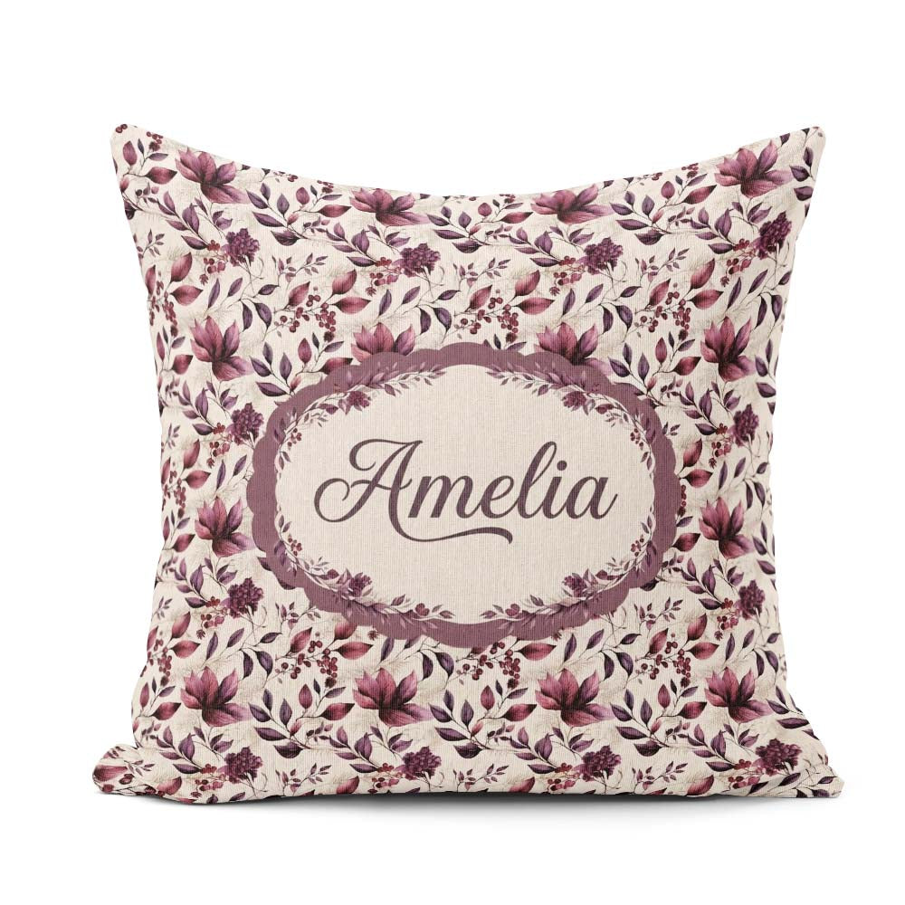 Custom Name Elegant Plum Branches with Berries on Cream Seamless Square Filled Cushion Throw Pillow Sofa Bed Home Decor Zip Washable UK Made