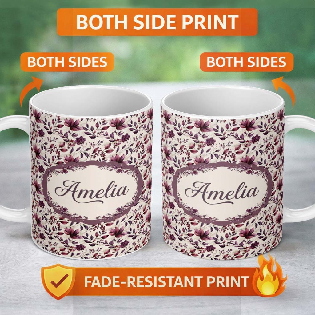 Personalized Custom Name Elegant Plum Floral Branches with Berries on Cream Seamless Pattern 11oz Ceramic Coffee Tea Mug White Large Handle