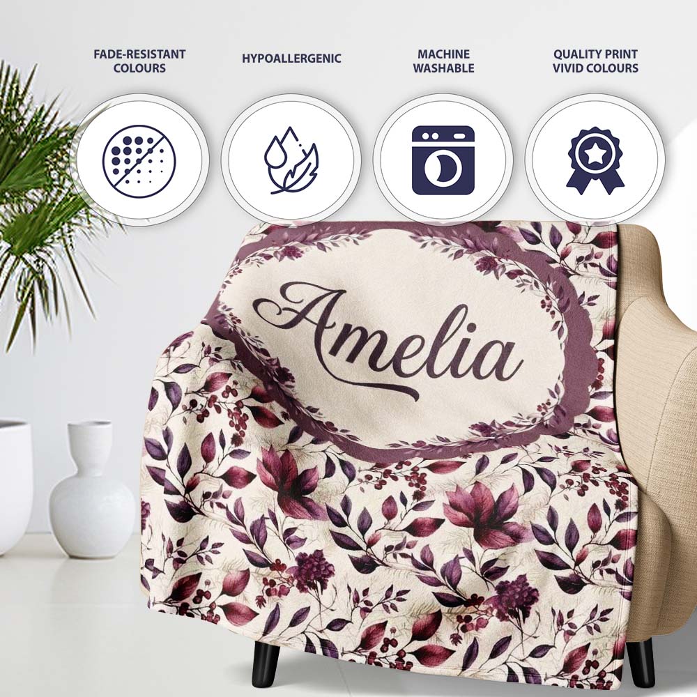Elegant Plum Floral Branches with Berries on Cream Seamless Pattern Personalised Custom Name Super Soft Fleece Blanket Bed Sofa Throw