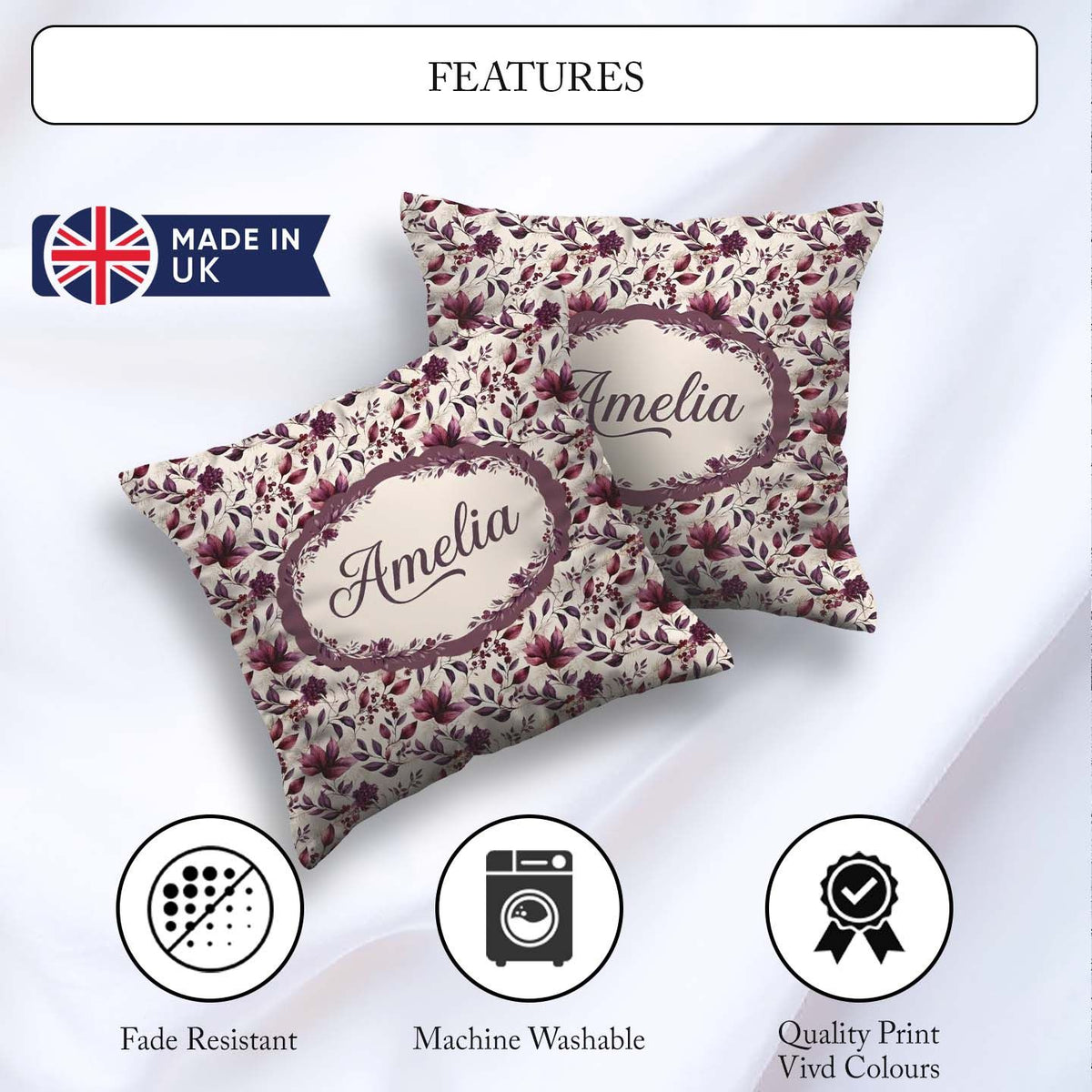 Custom Name Elegant Plum Branches with Berries on Cream Seamless Square Filled Cushion Throw Pillow Sofa Bed Home Decor Zip Washable UK Made