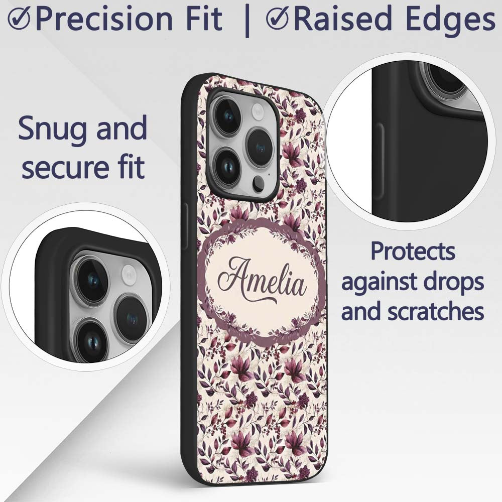 Elegant Plum Floral Branches with Berries on Custom Name Protective Phone Case Mobile Cover Durable Everyday Smartphone Shock Resistant