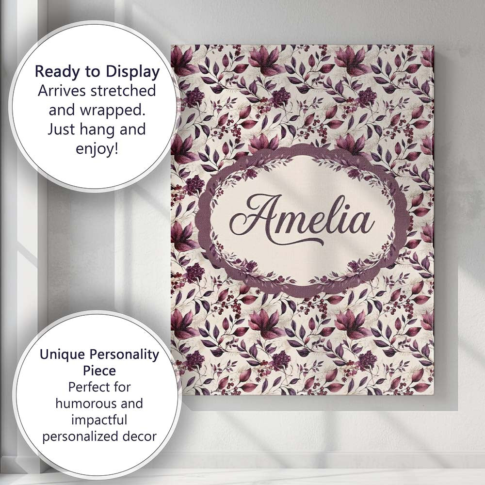 Personalised Name Elegant Plum Floral Custom Modern Room Accent Creative Decorator Style Canvas Wall Art Print Decor Picture Ready to Hang