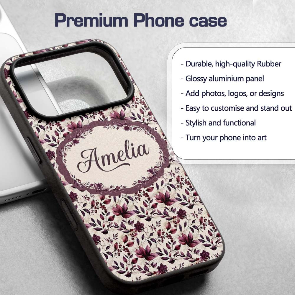 Elegant Plum Floral Branches with Berries on Custom Name Protective Phone Case Mobile Cover Durable Everyday Smartphone Shock Resistant