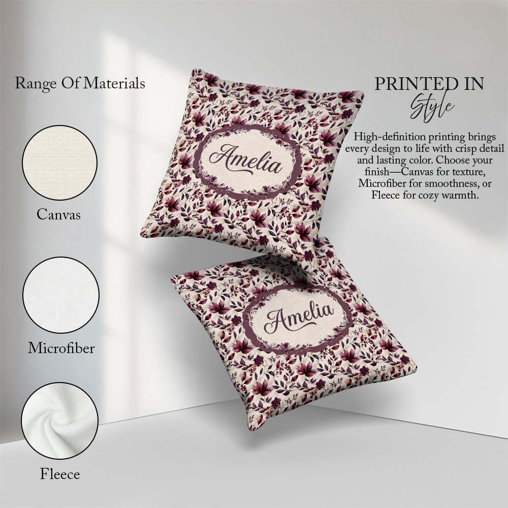 Custom Name Elegant Plum Branches with Berries on Cream Seamless Square Filled Cushion Throw Pillow Sofa Bed Home Decor Zip Washable UK Made